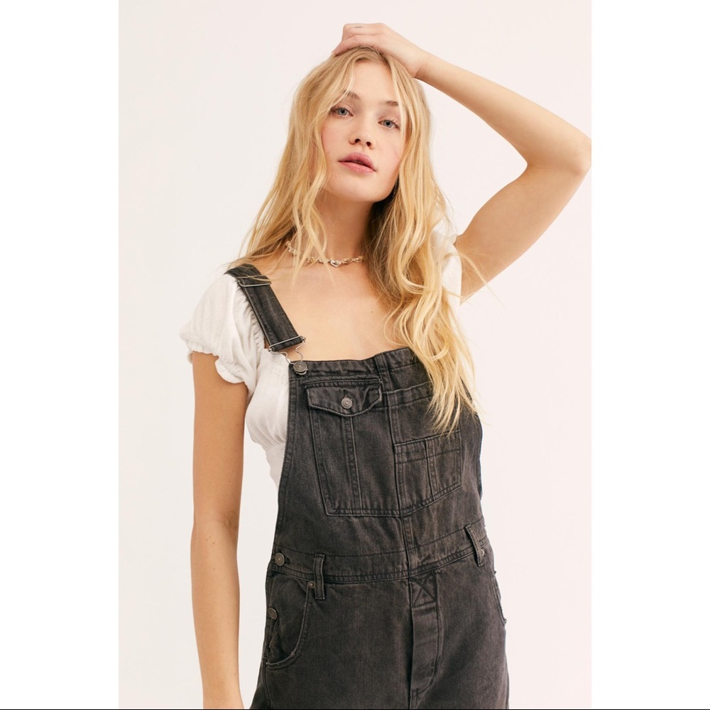 Free People Denim Baggy Boyfriend Overalls We The Free in Black Womens Size 28